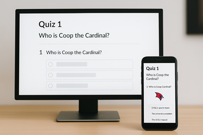 Sample quiz displayed on a monitor and smartphone